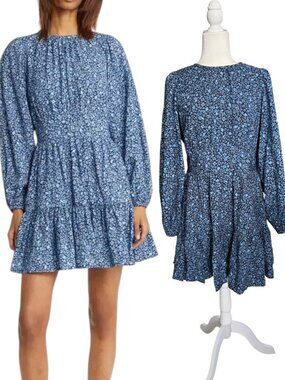 Chelsea28 Blue Floral Tiered Mini Dress Long Sleeve Medium